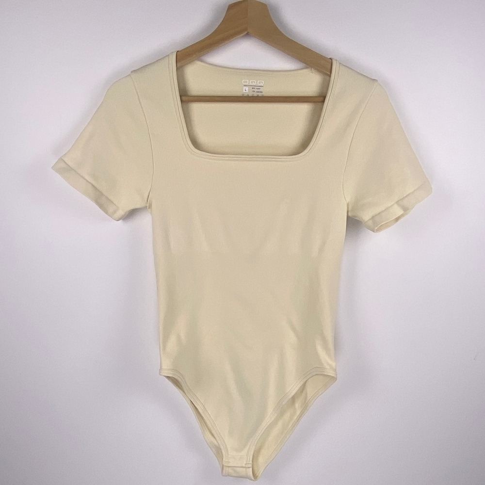 Bodysuit Women Large Cream Ribbed Square Neck Short Sleeve Minimalist Basic